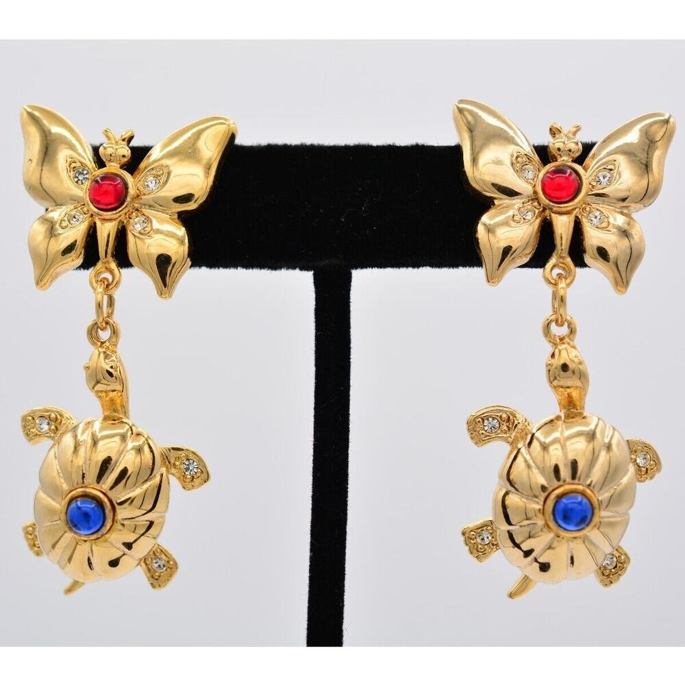 Vintage Cabochon Butterfly Turtle Earrings Dangle Heavy Gold Quality 80s BinA16